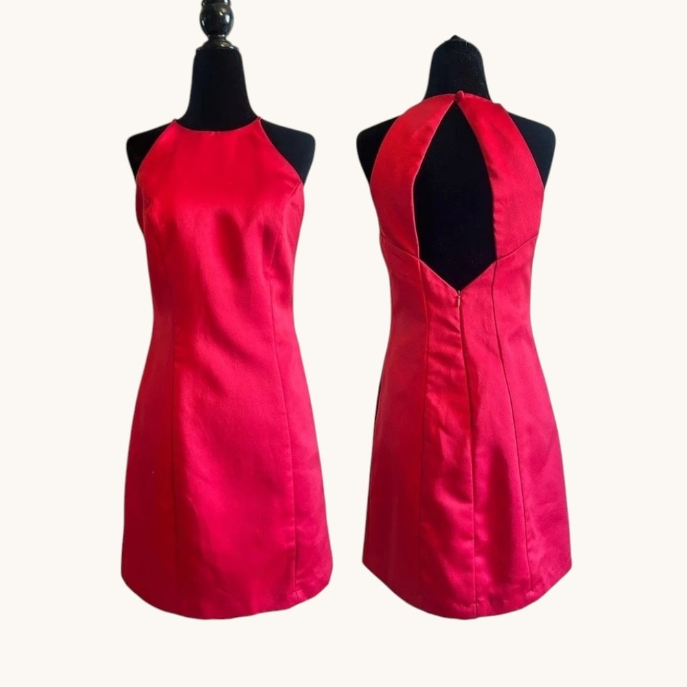 Vintage 90s Red Satin Halter Open Back Mini Dress Size 3 Fitted Formal Party